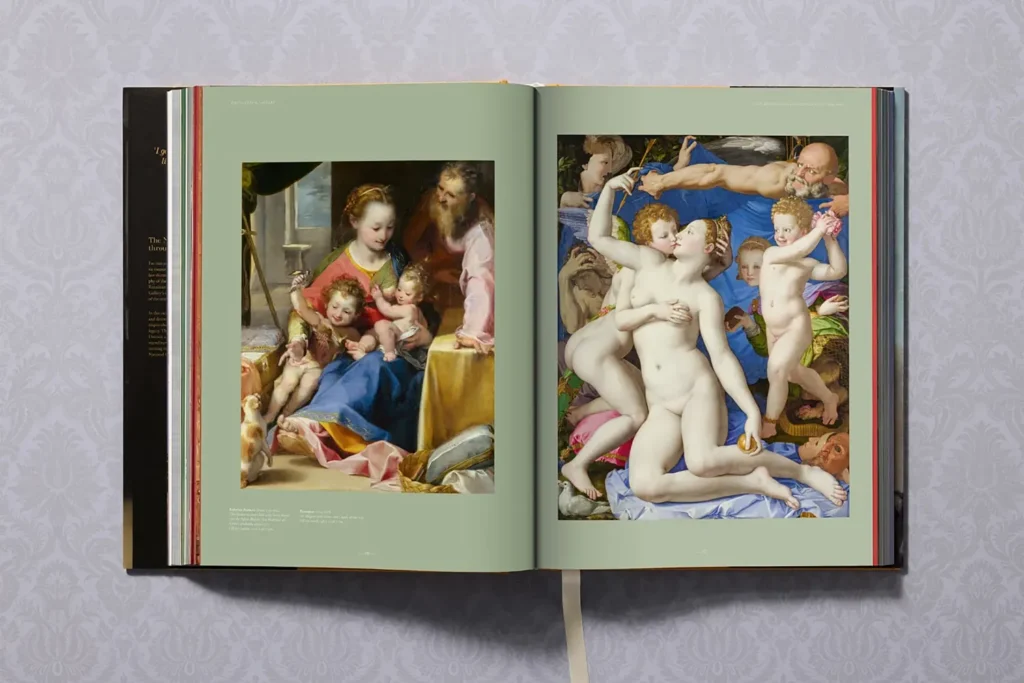 Left: Federico Barocci (about 1533–1612) 
"The Madonna and Child with Saint Joseph and the Infant Baptist" 
(‘La Madonna del Gatto’), probably about 1575 Oil on canvas, 112.7 × 92.7 cm 
Right: Bronzino (1503–1572) 
"An Allegory with Venus and Cupid", about 1545 Oil on wood, 146.1 × 116.2 cm
© Taschen Verlag