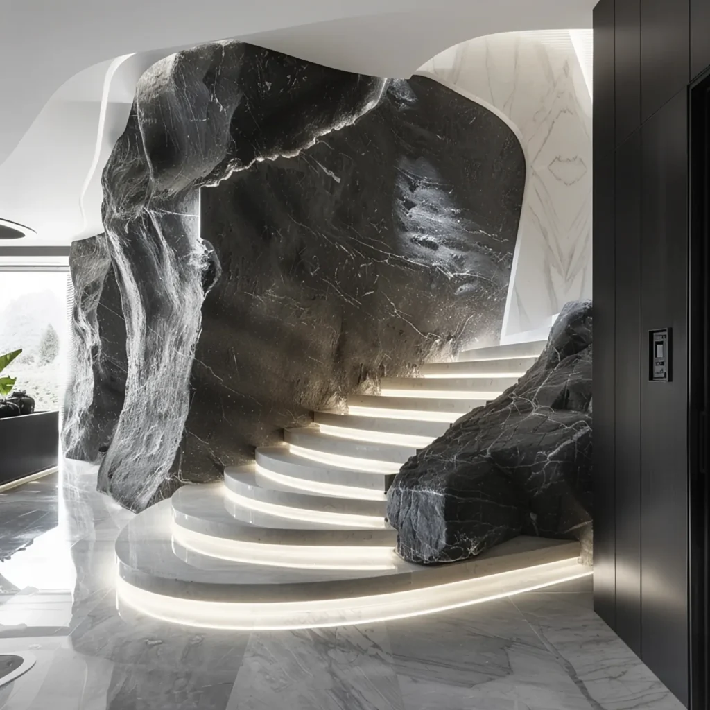 Schwarz-weißes Luxusfoyer mit skulpturalen Steinelementen
© John Lazurko