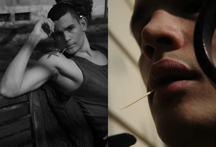Black and white portrait series of a young man with a toothpick, showing five different poses against a sunlit wall – photographed by Davide Edoardo