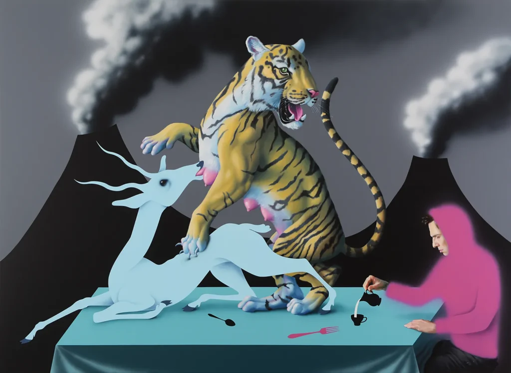 Tigre allaitant une gazelle à une table avec des volcans et un homme versant du thé – peinture de Máté Orr.