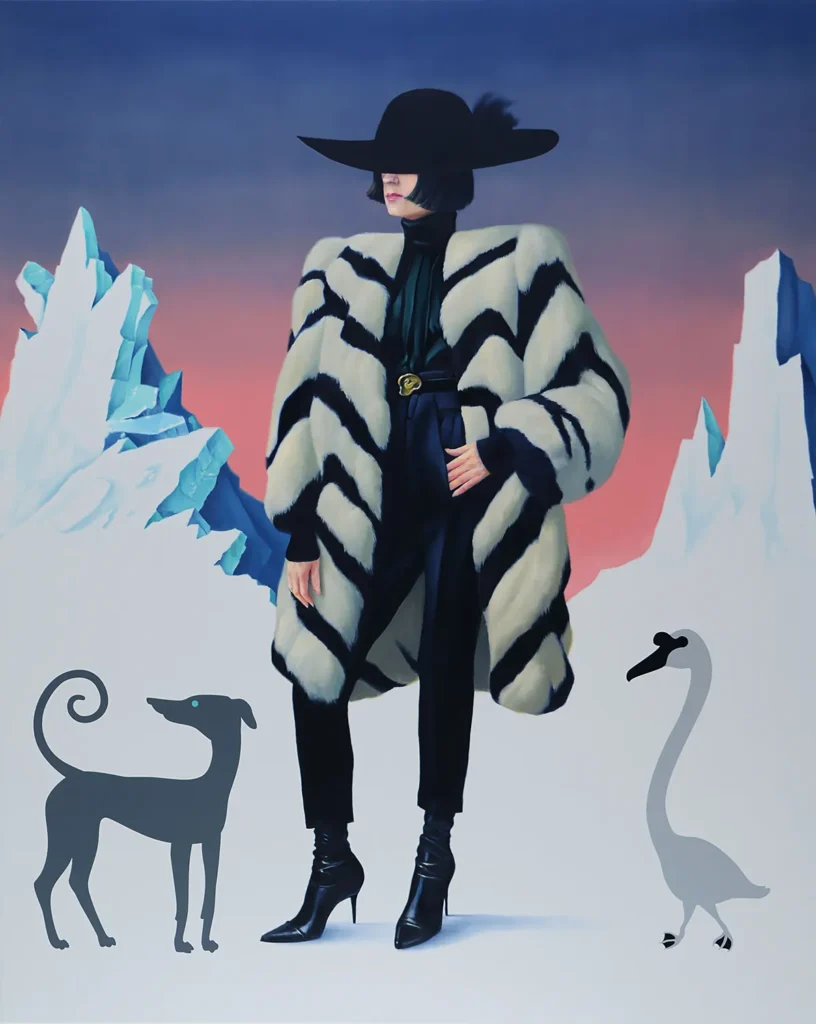 Figure en manteau de fourrure et chapeau entre les silhouettes d’un chien et d’un cygne dans un paysage glacé – peinture de Máté Orr.