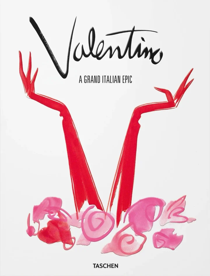 Cover of the book Valentino. A Grand Italian Epic published by TASCHEN, showing stylized red arms and abstract pink flowers.