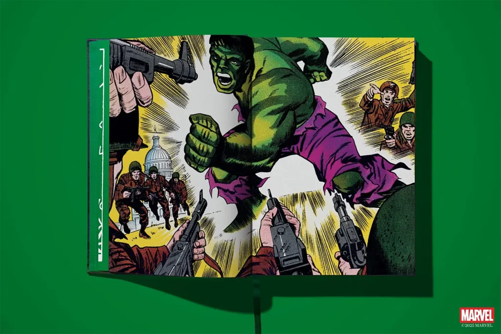 Comic panel from TASCHEN’s Hulk edition showing the Hulk charging toward soldiers in front of the U.S. Capitol, surrounded by raised weapons.