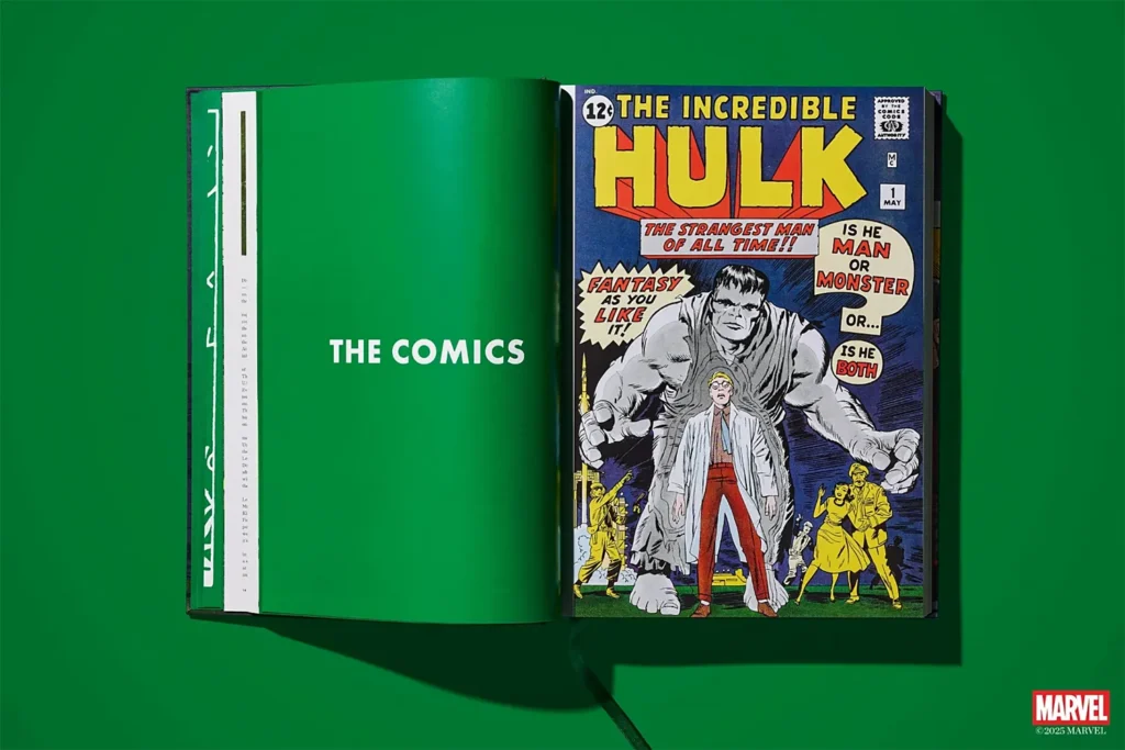 Open TASCHEN book showing the chapter title “THE COMICS” and the cover of The Incredible Hulk Marvel Comics Library: Hulk 1962–1966