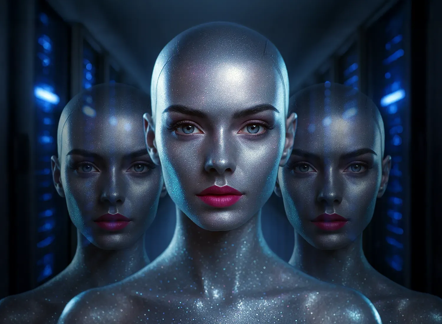Futuristic digital fashion avatars with metallic skin and red lips, symbolizing virtual models replacing humans in the fashion industry