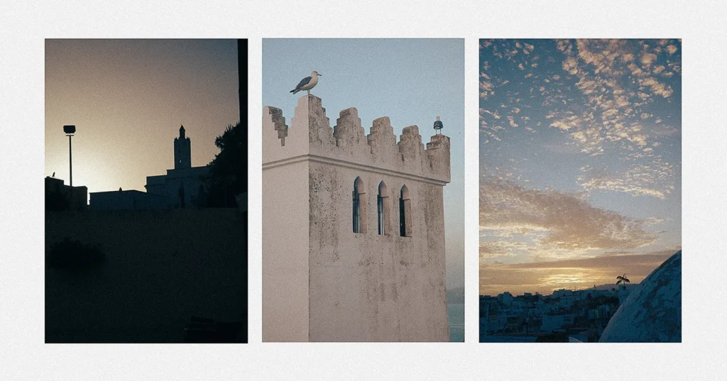 Moschee-Silhouette, Turm auf dem Dach mit Möwen und Sonnenuntergang über Tanger 
© Davide Edoardo