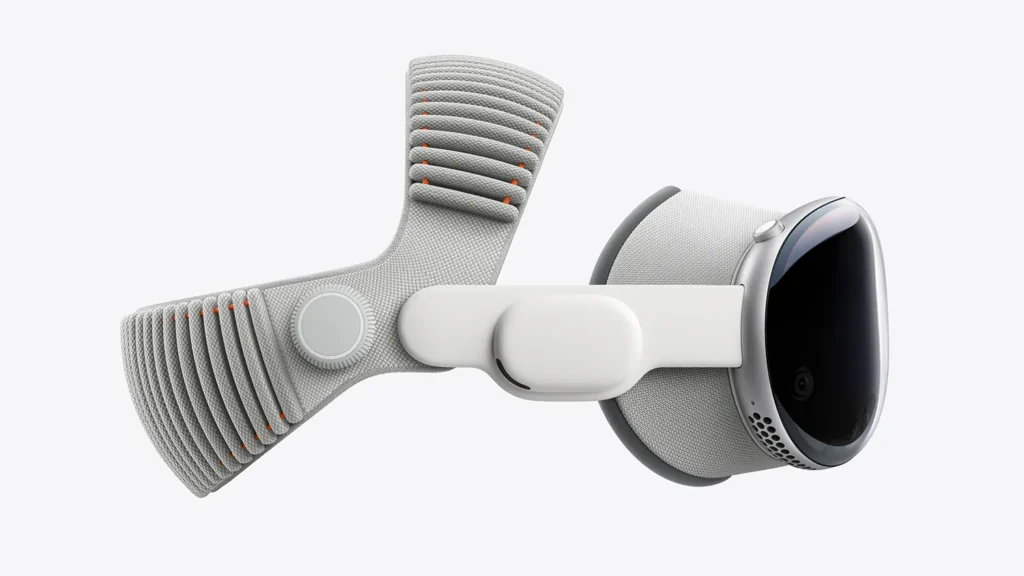 Side view of Apple Vision Pro headset with the new dual knit band made of gray fabric
