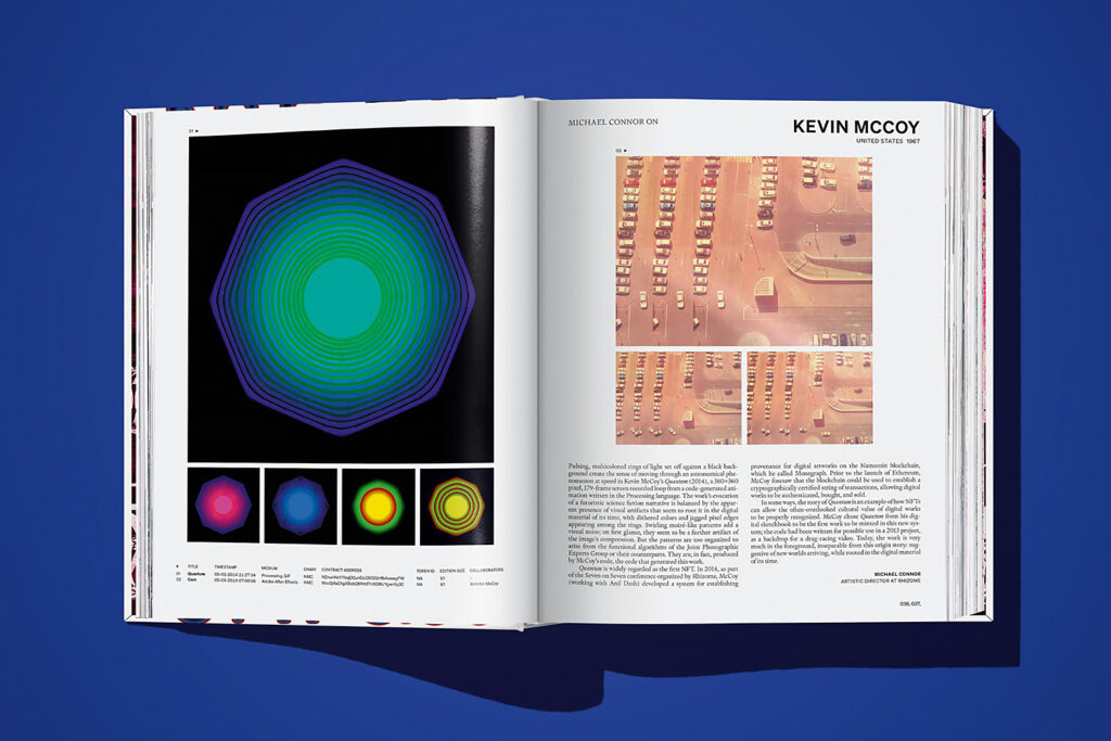 Open spread from On NFTs by Robert Alice featuring artist Kevin McCoy.