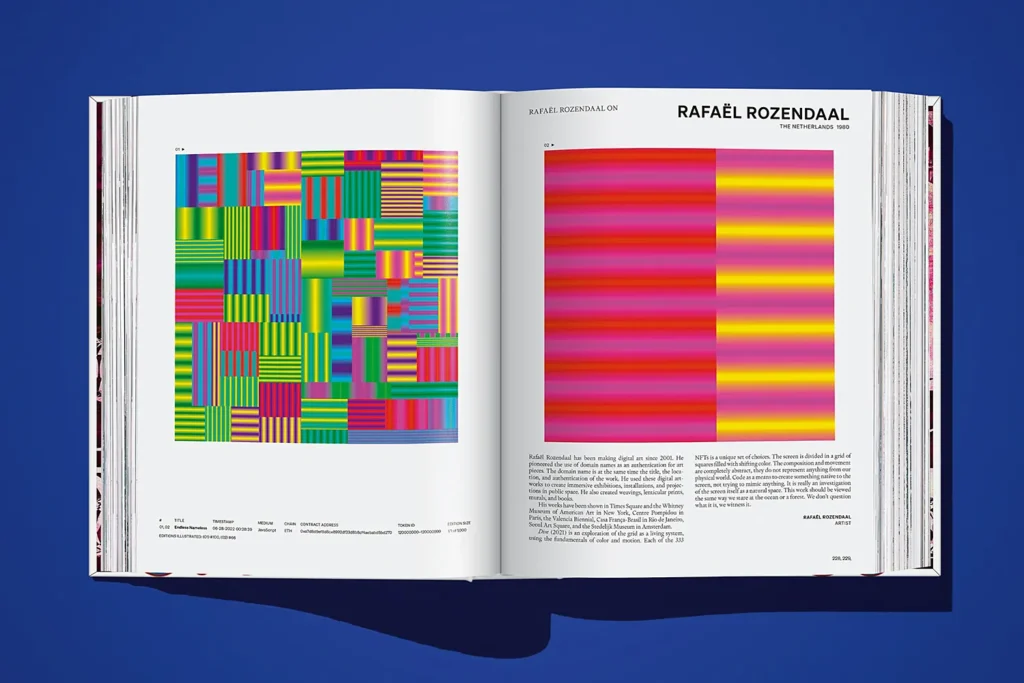 Open spread from On NFTs by Robert Alice featuring digital artworks by Rafaël Rozendaal.