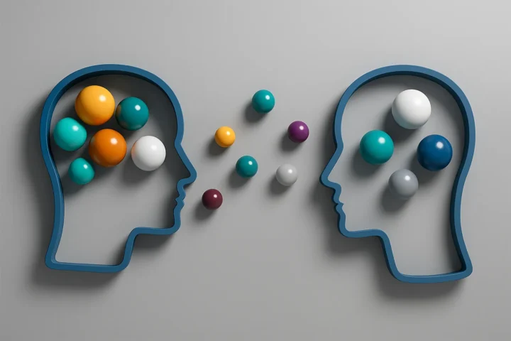 wo minimalist blue human profiles facing each other against a gray background, with colorful glossy spheres floating between them, symbolizing communication and interpretation.