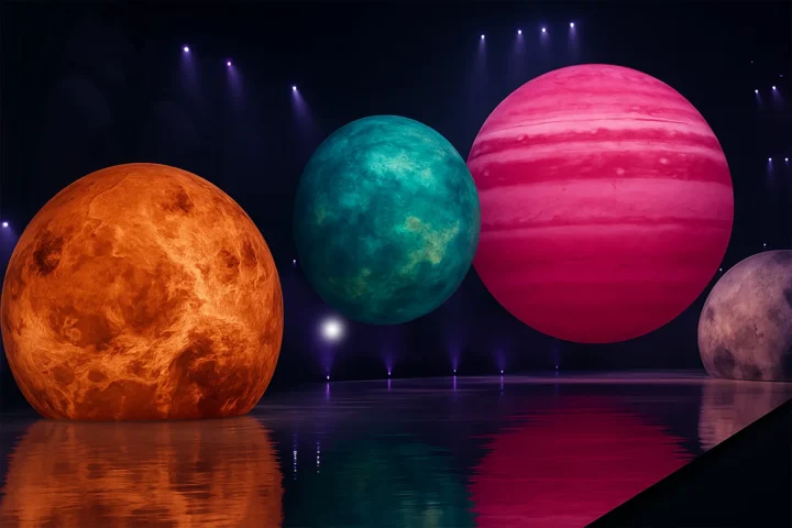 A vast dimly lit hall with glowing planets floating above a reflective runway floor – a symbolic stage between light and emptiness.