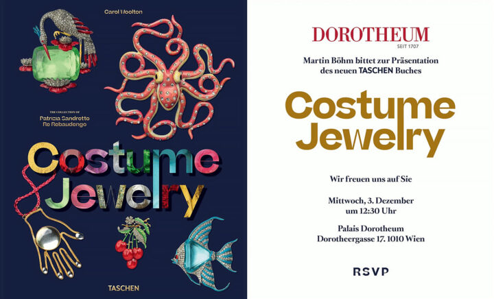 Einladung zur TASCHEN-Buchpräsentation „Costume Jewelry“ im Dorotheum Wien, mit dem Buchcover mit farbenfrohen Schmuckmotiven und Veranstaltungsdetails.