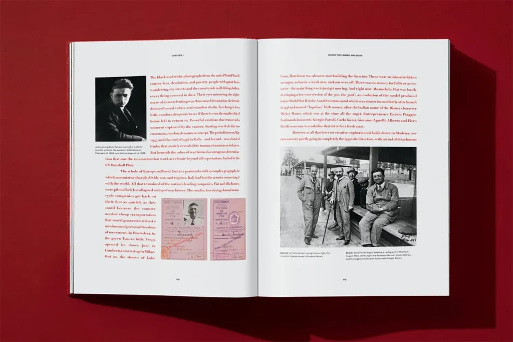 Pages d’archives de Ferrari XL avec des portraits rares, des documents officiels et de premières images des années formatrices d’Enzo Ferrari.