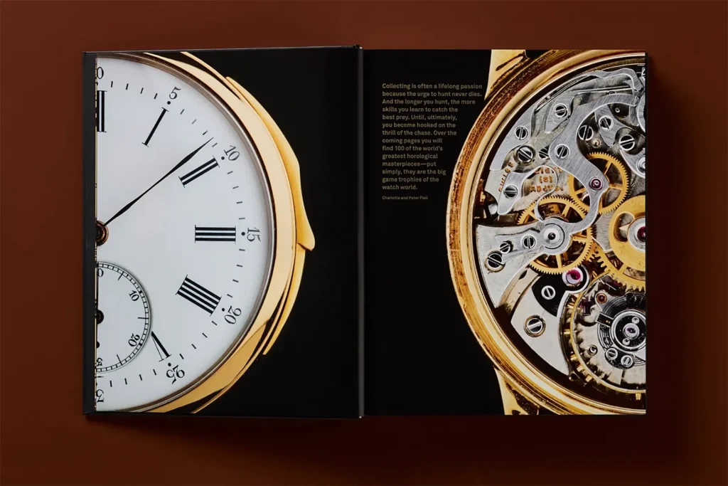 Une double page de « Ultimate Collector Watches » montre un cadran en émail classique à côté d’une vue détaillée d’un mouvement mécanique. 
 © Taschen Verlag