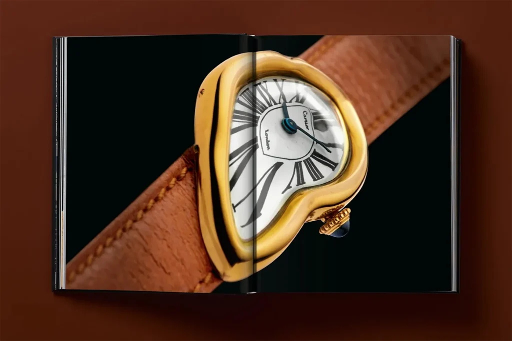 Une page intérieure de « Ultimate Collector Watches » montre une montre-bracelet asymétrique en or avec un boîtier galbé, soulignant l’esthétique non conventionnelle de l’art horloger.
 © Taschen Verlag