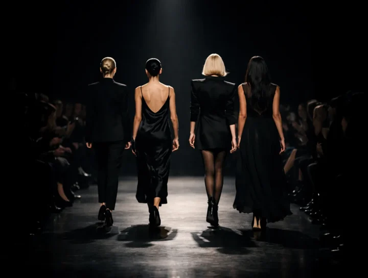 Four female models in black outfits walk away down a dark runway as the audience fades into shadow.