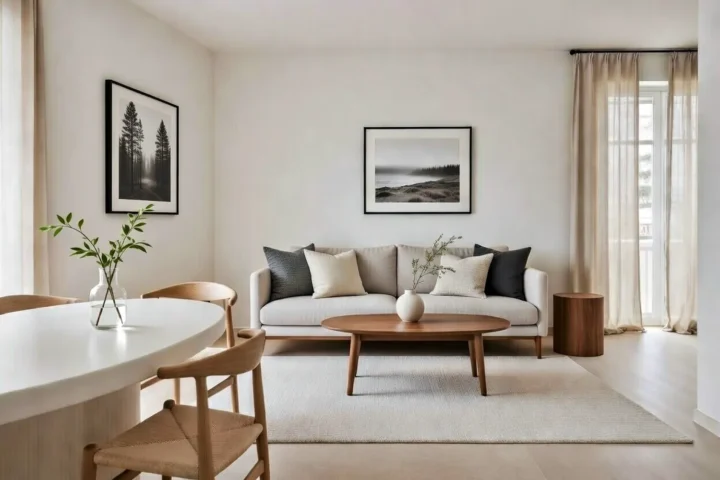 Minimalist European living room with neutral tones, wooden furniture and soft natural light, representing post-digital living and reduced technology presence.
