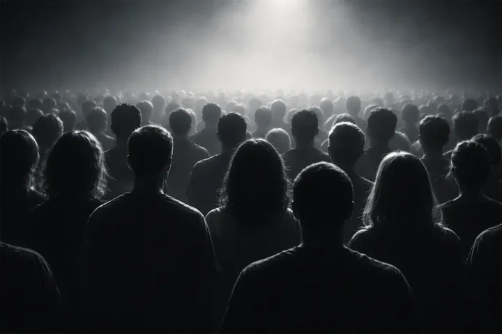 Anonymous crowd seen from behind in backlight symbolizing public pressure on AI platforms
