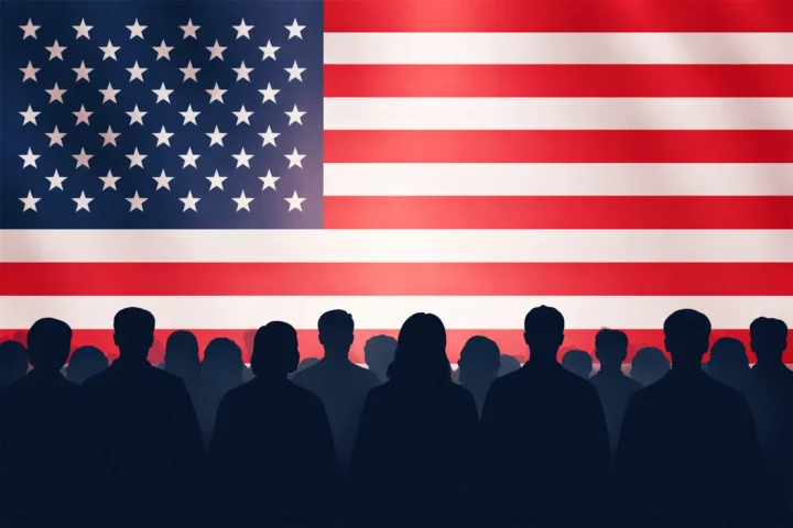 Dark silhouettes of a seated audience in front of a large American flag in a horizontal composition