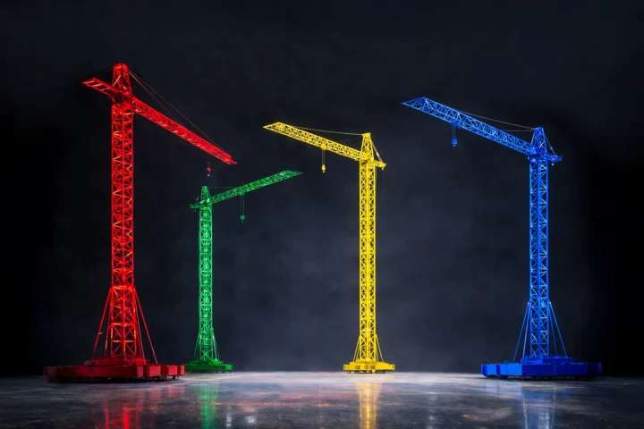 Colored construction cranes above the Chanel runway at the Grand Palais in Paris